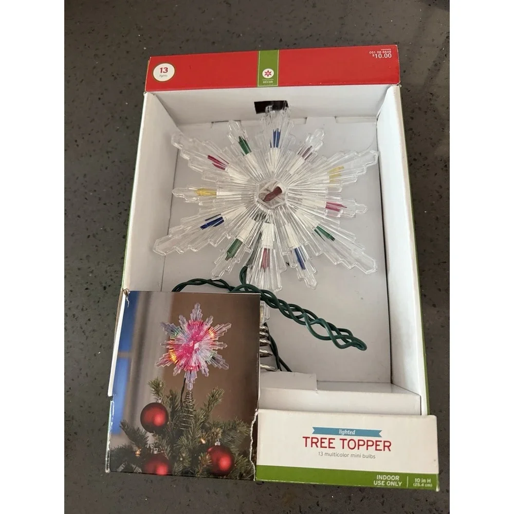 NEW Lighted Tinsel Star Christmas Tree Topper Multicolor Lights Retro
